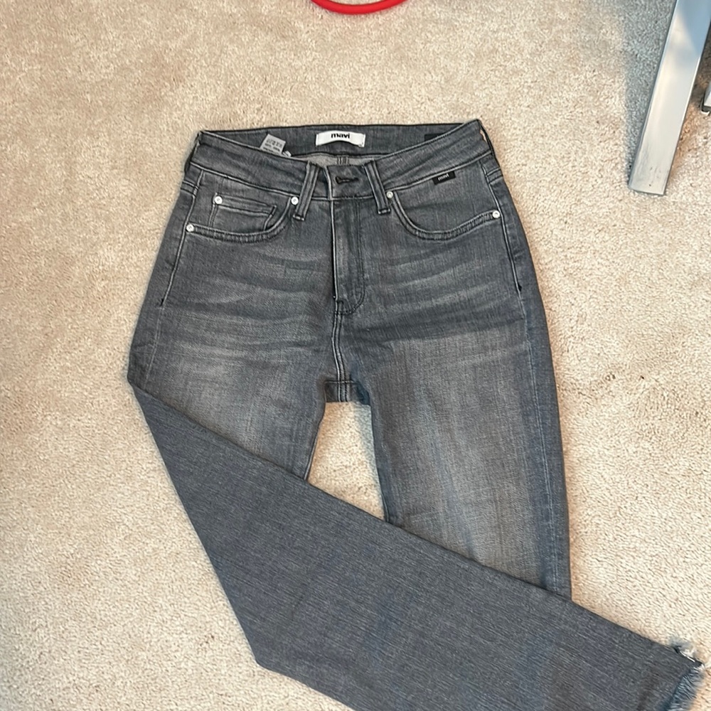 Gray wide leg jeans.